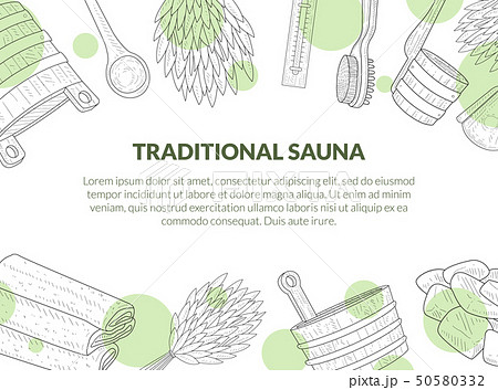 Traditional Sauna Poster, Banner with Place for Text and Hand Drawn Bath Accessories, Birch Broom Traditional Sauna Poster, Banner with Place for Text and Hand Drawn Bath Accessories, Birch Broom 50580332