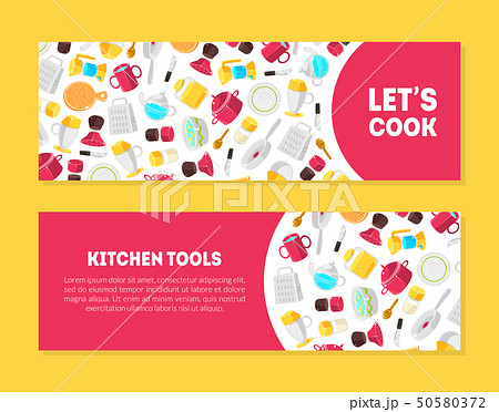 Lets Cook, Kitchen Tools Banner Templates Set with Place for Text and Cooking Utensils Pattern 50580372