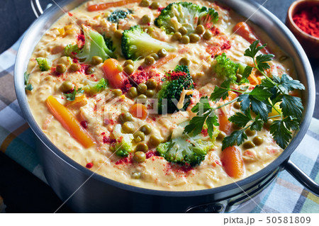 close-up of creamy broccoli soup, top view close-up of creamy broccoli soup, top view 50581809