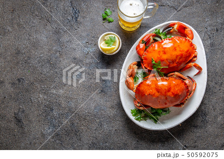 Whole cooked  crabs on white plate with lemon and beer. Gray concrete background. Top view 50592075