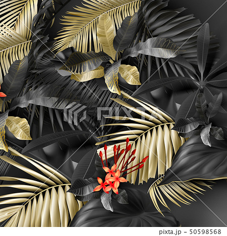 Tropical black and gold leaves on dark background 50598568