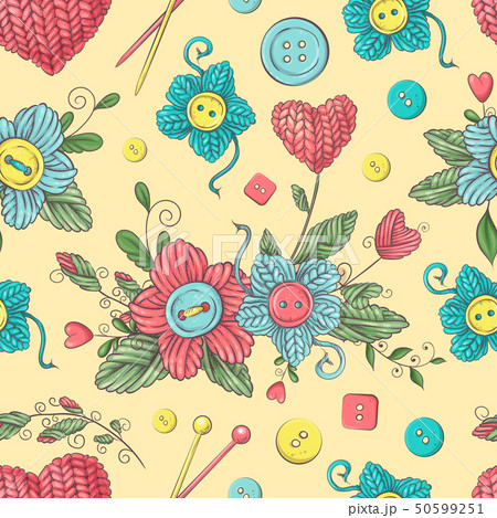 Cute seamless pattern of balls of yarn, buttons, Cute seamless pattern of balls of yarn, buttons, 50599251