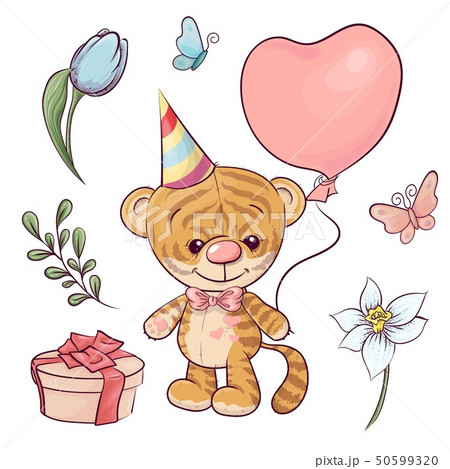 Set a little tiger with a balloon. Hand drawing 50599320