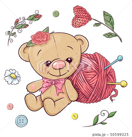 A Set Of Teddy Bear And Yarn For Knitting Handのイラスト素材