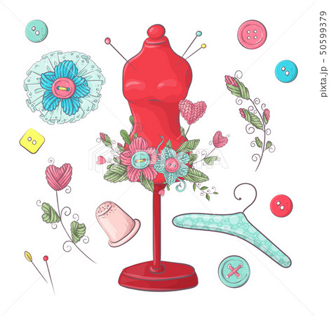 Set of mannequin sewing accessories. Hand drawing. 50599379