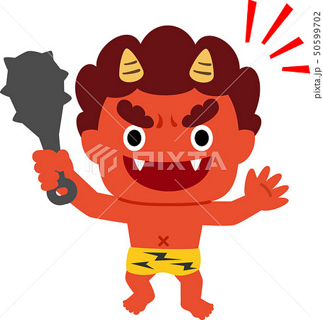 金棒を振りかざして笑う赤鬼 のイラスト素材