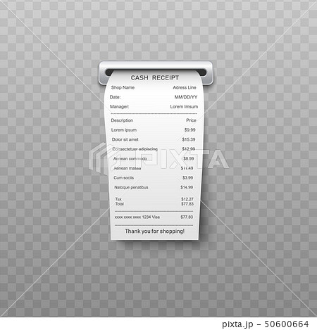 White paper bill or bank atm dispenser invoice going out from slit in realistic vector illustration. 50600664