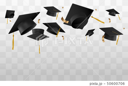 Graduation caps in the air vector template isolated on transparent. 50600706