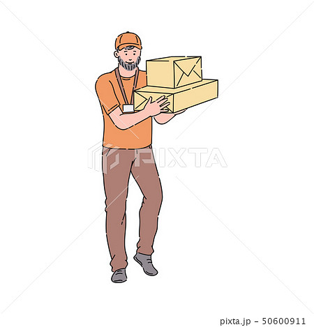 Delivery man or courier in orange uniform and cap giving cardboxes. Delivery man or courier in orange uniform and cap giving cardboxes. 50600911