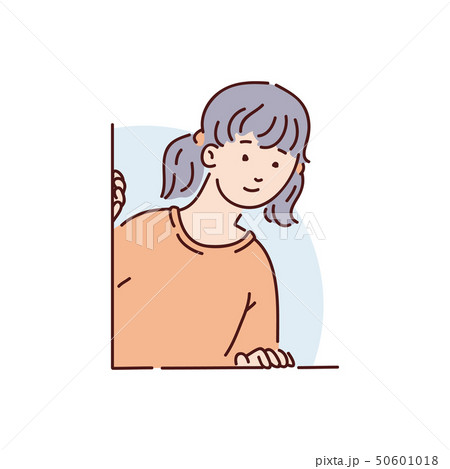 A young brunette girl, woman or teenager in a red sweater peeks and looks curiously out of the 50601018