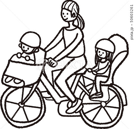 3人乗り自転車 親子 白黒イラストのイラスト素材