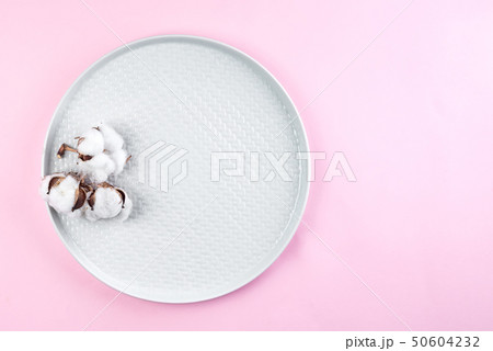 Plate with cotton flowers on pastel pink background, top view. Space for text 50604232