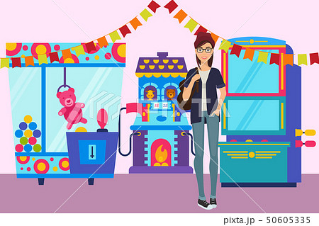 Girl in game room banner vector illustration. Gambling machine with toys for children in the 50605335