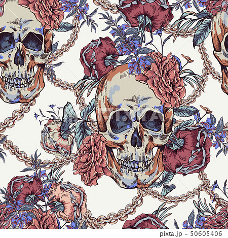 Vector Skull with roses, chains and wildflowers Vector Skull with roses, chains and wildflowers 50605406