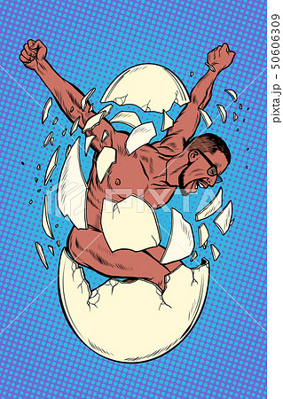 Concept the birth of men, revolution and protest, spiritual rebirth. Man breaks egg shells 50606309