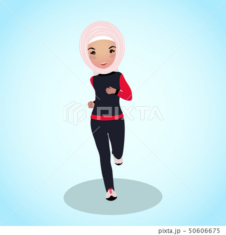 Young girl in abaya tracksuit. Early morning run. 50606675