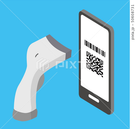 スマートフォンによるキャッシュレス決済、QRコードスキャン、バーコードスキャンのイメージイラスト スマートフォンによるキャッシュレス決済、QRコードスキャン、バーコードスキャンのイメージイラスト 50608731