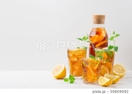 Iced tea with lemon slices, mint and ice Iced tea with lemon slices, mint and ice 50609092