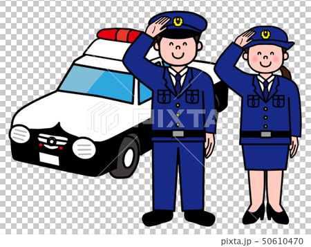 Smiling police officer and policewoman and police car 50610470