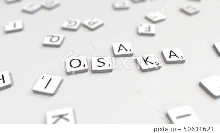 Making OSAKA city name with letter tiles. 3D rendering Making OSAKA city name with letter tiles. 3D rendering 50611621