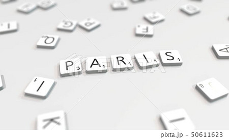 Making PARIS city name with letter tiles. 3D rendering Making PARIS city name with letter tiles. 3D rendering 50611623