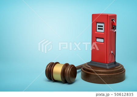 3d rendering of red filling station on round wooden block and brown wooden gavel on blue background 50612835