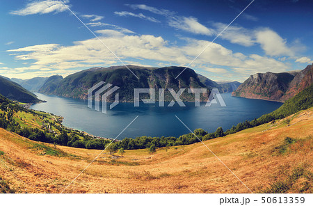 Beautiful summertime sunny panorama of Aurlandsfjord, Norway Beautiful summertime sunny panorama of Aurlandsfjord, Norway 50613359