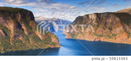 Beautiful summertime sunny panorama of Aurlandsfjord, Norway Beautiful summertime sunny panorama of Aurlandsfjord, Norway 50613363