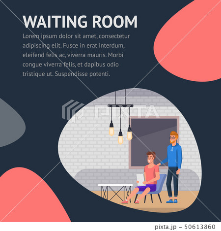 Waiting Room Banner. Man in Company Lobby. Flat Waiting Room Banner. Man in Company Lobby. Flat 50613860