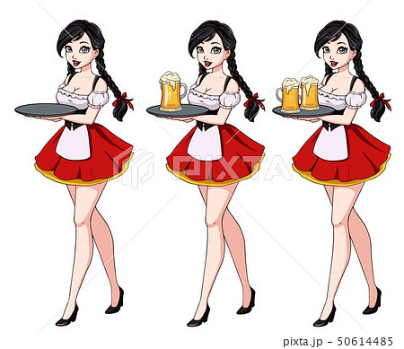 Cartoon vector illustration with sexy brunette waitress wearing red traditional dress. Cartoon vector illustration with sexy brunette waitress wearing red traditional dress. 50614485