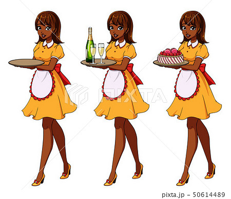 Set of brown haired waitresses holding champagne and cake, wearing yellow maid costume. 50614489