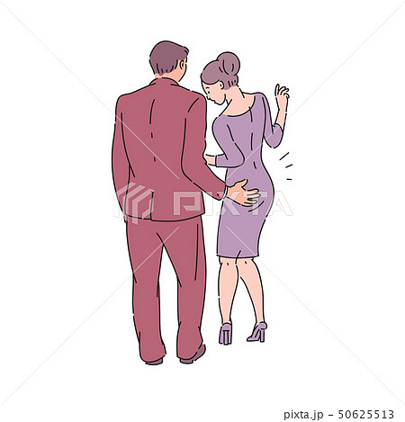 A male colleague or boss in a suit touches a woman in a dress behind her ass. A male colleague or boss in a suit touches a woman in a dress behind her ass. 50625513
