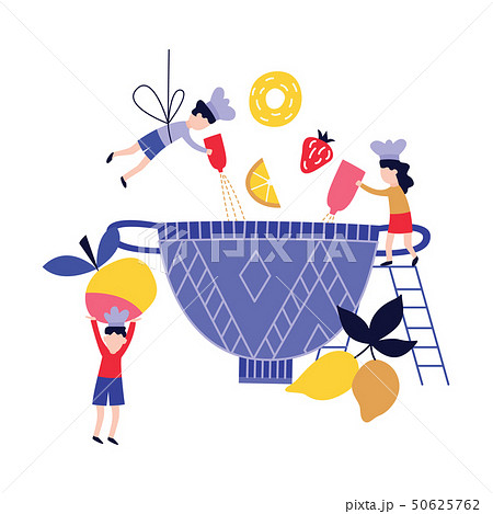 Small people - children - cooking fruit dish in huge bowl flat cartoon style 50625762
