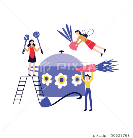 Small people cooking vegetable dish in huge pot flat cartoon style 50625763