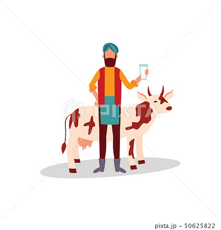 Indian farmer in turban standing with glass of milk and cow flat cartoon style Indian farmer in turban standing with glass of milk and cow flat cartoon style 50625822