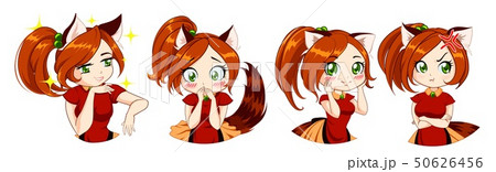 Cute Anime Neko Girl With Red Hair And Green のイラスト素材