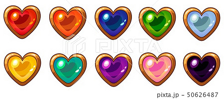 Colorful heart gem with golden frame set for mobile game interface design. 50626487