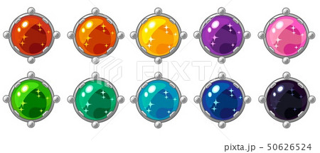 Shiny colorful round gem with golden frame set for mobile game interface design. 50626524