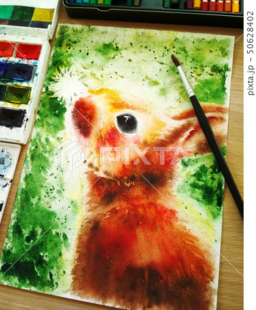 Bright colorful rabbit illustration on green background, painted by hand with watercolor. Vertical 50628402
