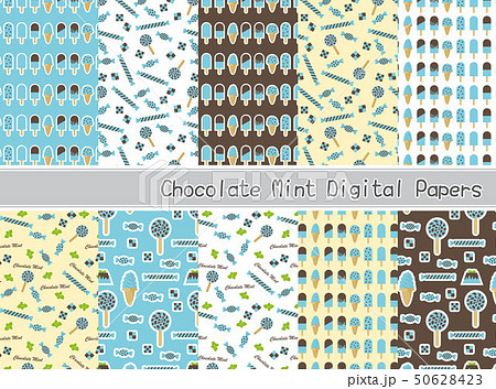 チョコミントスイーツのパターン素材セットのイラスト素材 50628423 Pixta