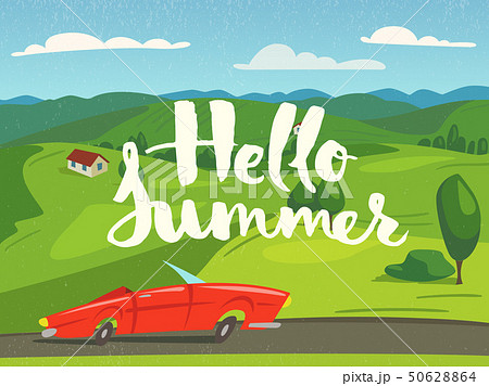Vector summer poster nature landscape background with red car. 50628864
