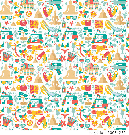 Songkran festival in Thailand. Colorful seamless Pattern with gun,elephant, water, and tuk-tuk. Songkran festival in Thailand. Colorful seamless Pattern with gun,elephant, water, and tuk-tuk. 50634272