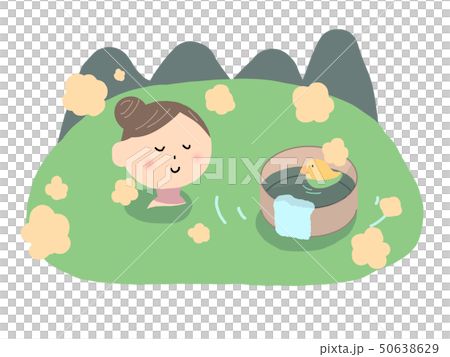 山と露天風呂と風呂桶と入浴する女性 50638629