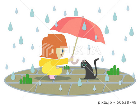 雨の日に黄色いレインコートを着た女の子が黒猫に傘を差し出しているところのイラスト素材