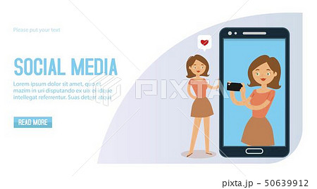 Woman using a smartphone with social media heart like icon banner. Girl taking photos for networking Woman using a smartphone with social media heart like icon banner. Girl taking photos for networking 50639912