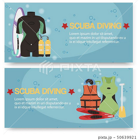 Scuba diving center set of banners vector illustration. Diver wetsuit, scuba mask, snorkel, fins 50639921