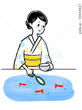 金魚すくいをする女性 祭り 人物 イラストのイラスト素材
