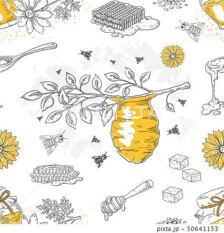 Honey sketch pattern. Hand drawn honeycomb and beehive seamless background with flowers and bees 50641153