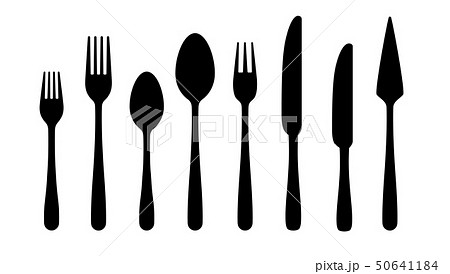 Cutlery silhouettes. Fork spoon knife black icons, silverware silhouettes on white background 50641184
