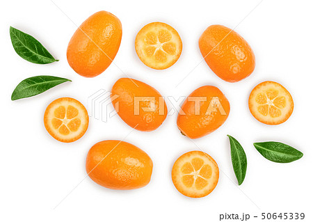 Cumquat or kumquat with half isolated on white background. Top view. Flat lay Cumquat or kumquat with half isolated on white background. Top view. Flat lay 50645339